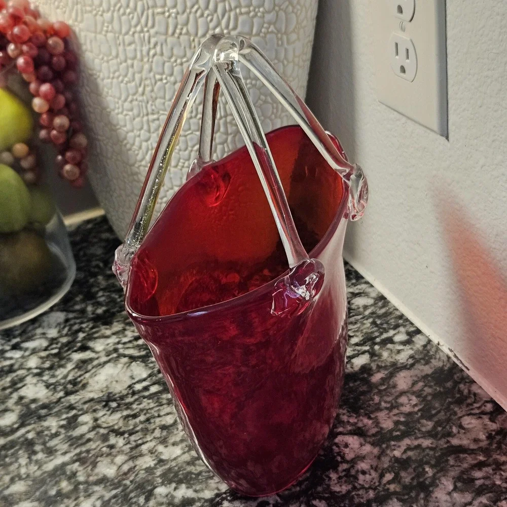 HandBlown Studio Art Glass Purse Vase Red Bag With Clear‎ Handles